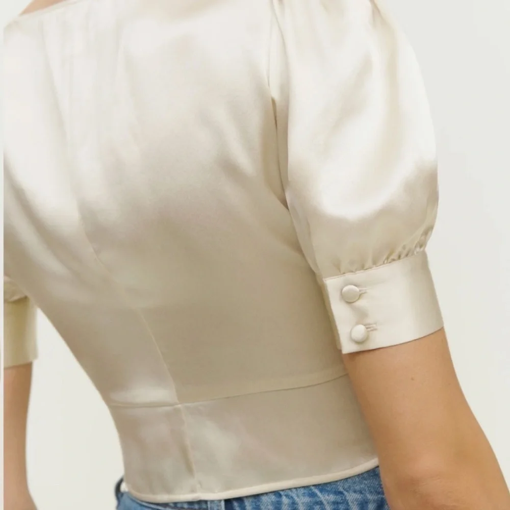Reformation Champagne Satin V-Neck Cropped Blouse